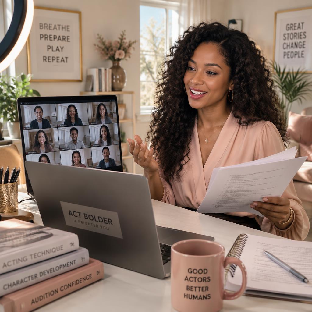 Acting coach teaching an online class over video call